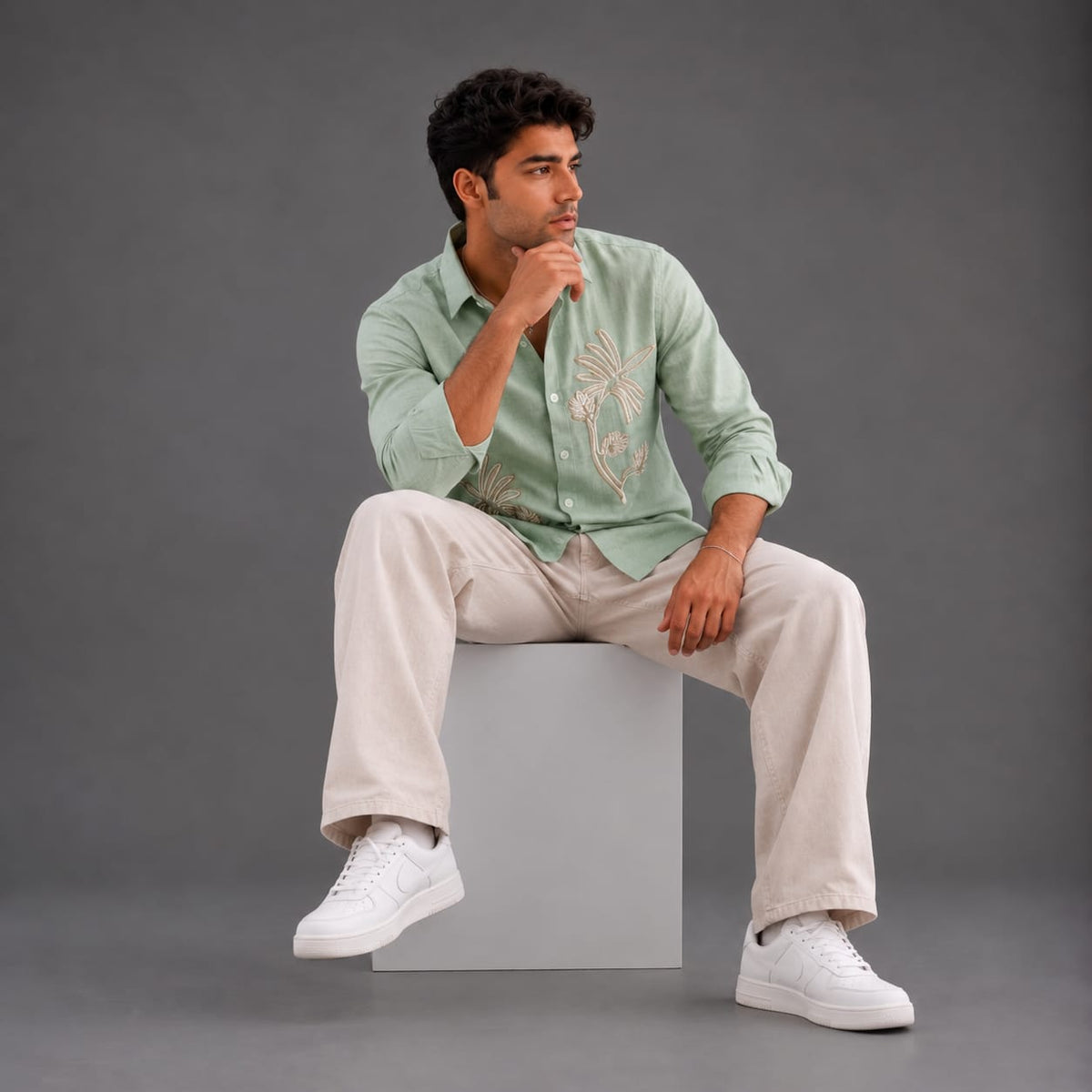Embroidery pista green shirt