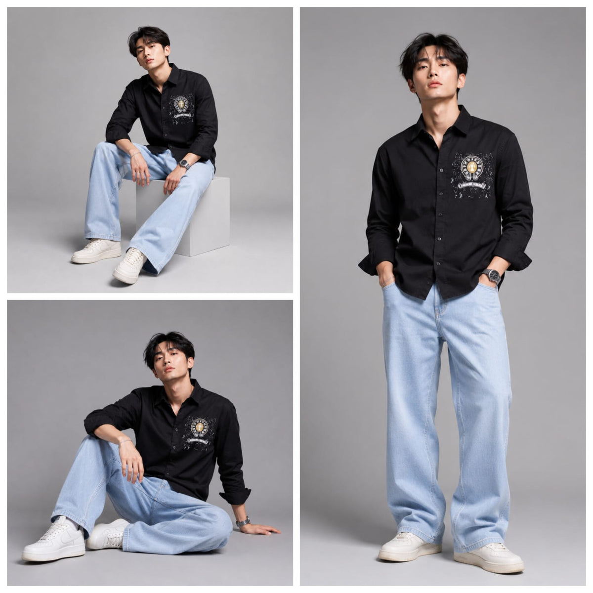 Black china fabric patch shirt