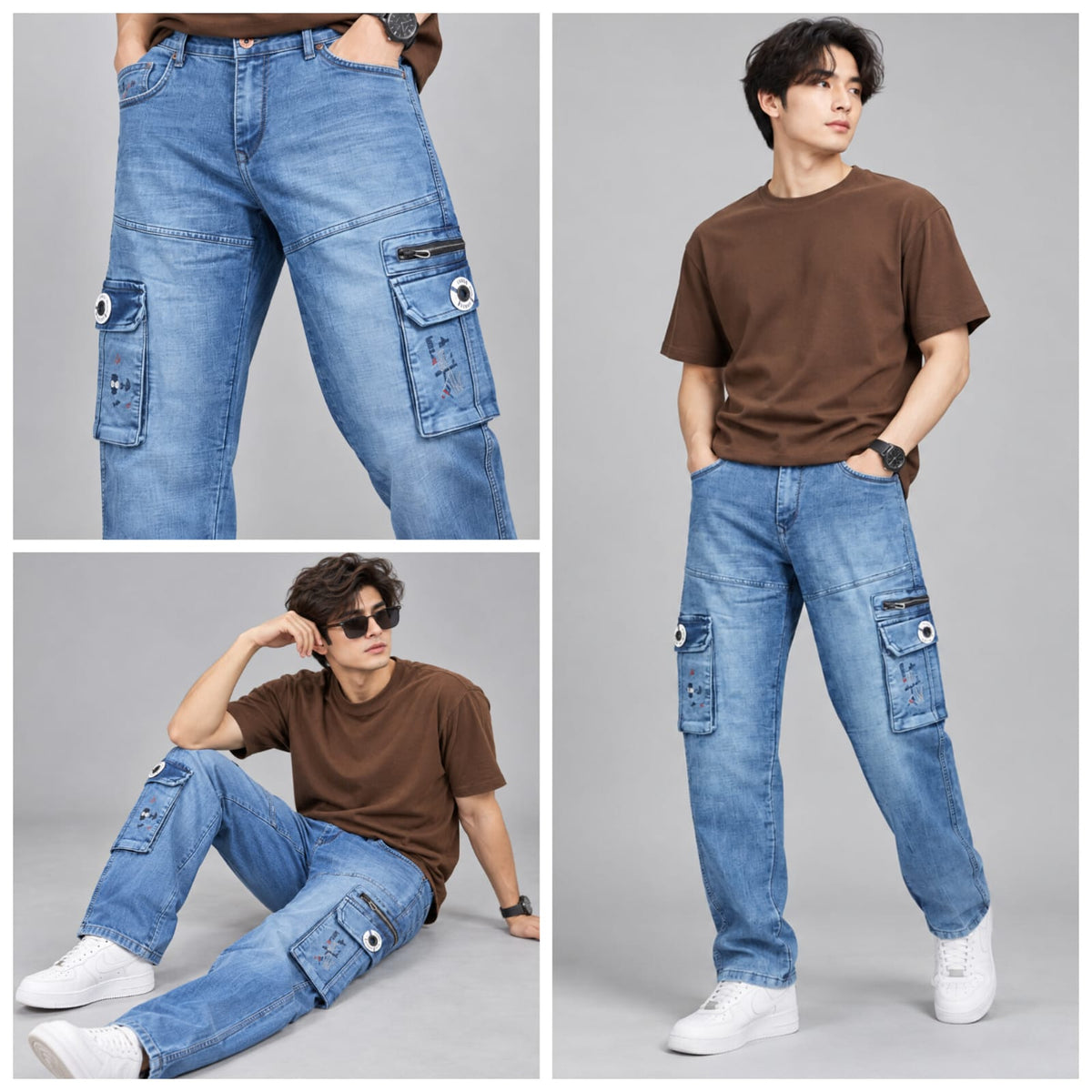 Blue washed cargo denim