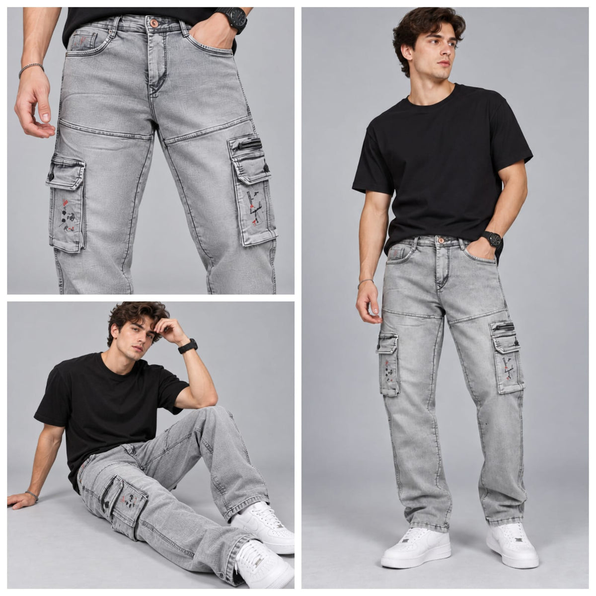 Grey washed cargo denim