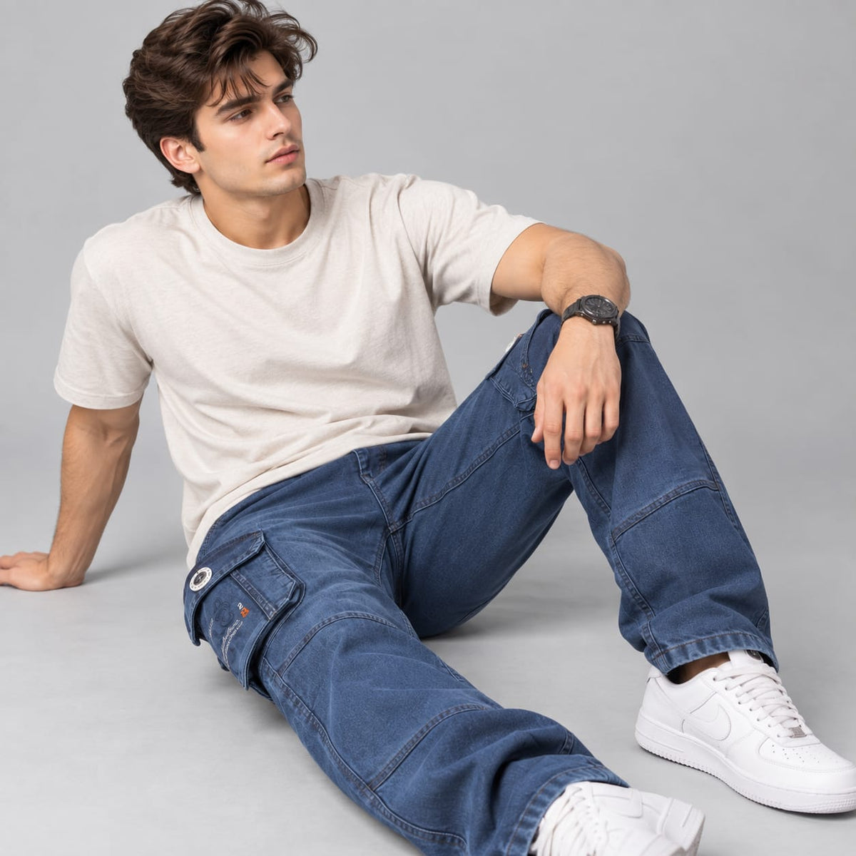 Blue washed cargo denim