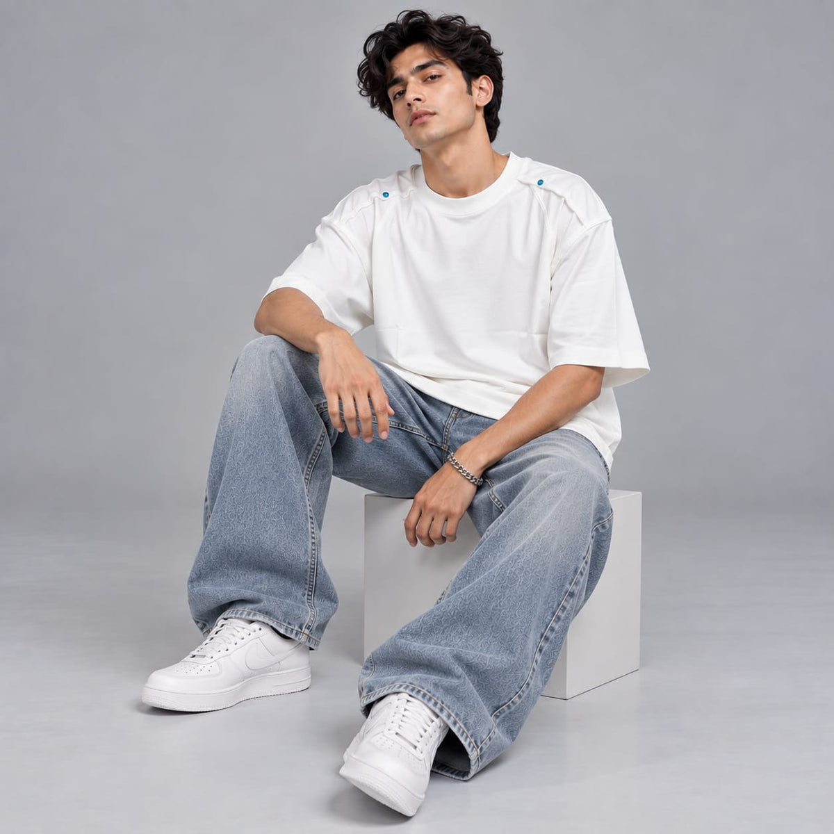 White oversized with shoulder touch-up