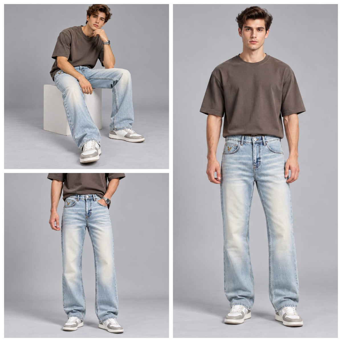 Wide leg spray wash jeans
