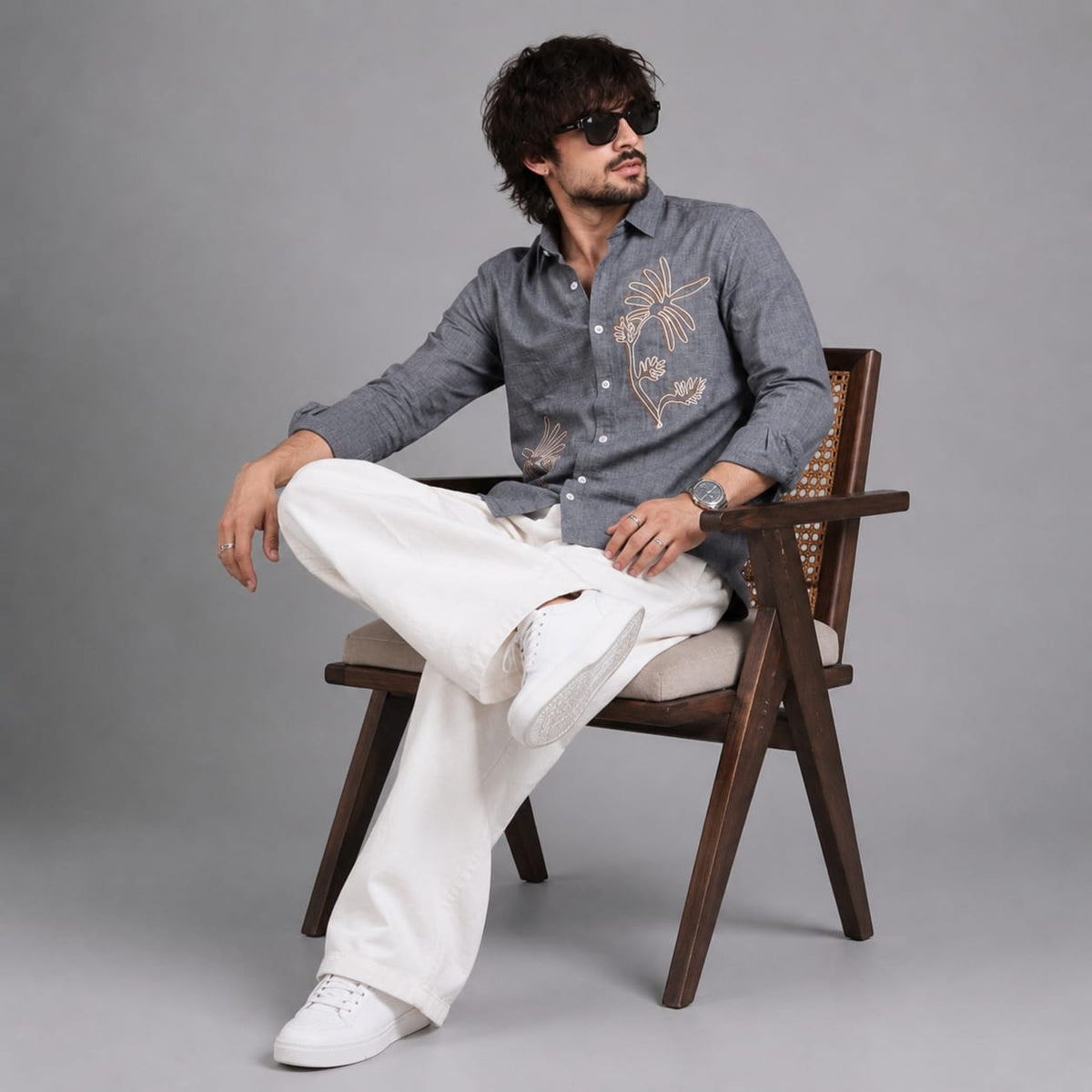 Linen grey embroidery shirt