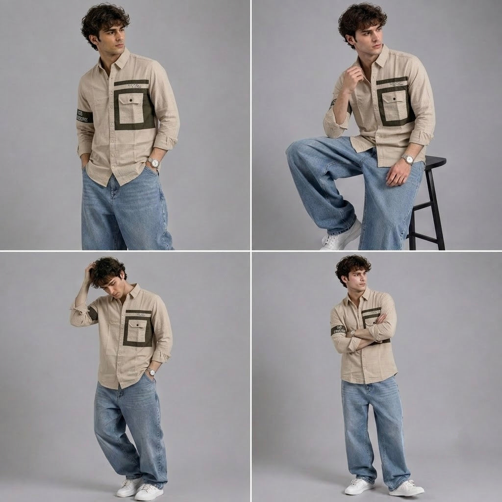 Single pocket beige designer shirt