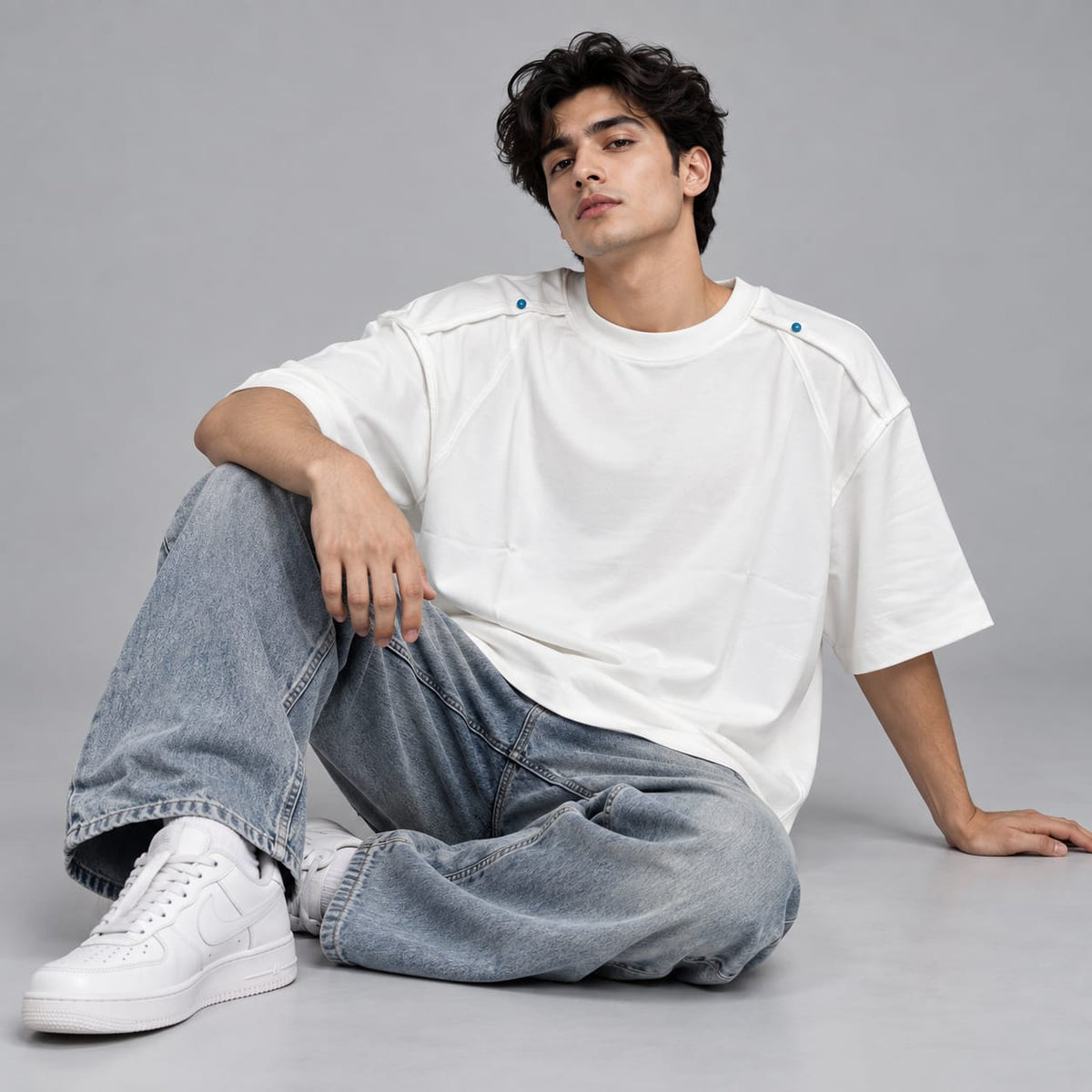 White oversized with shoulder touch-up