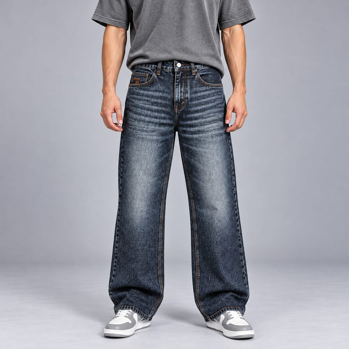 Wide leg spray wash jeans