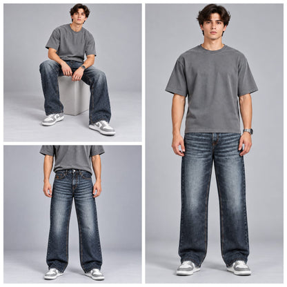 Wide leg spray wash jeans