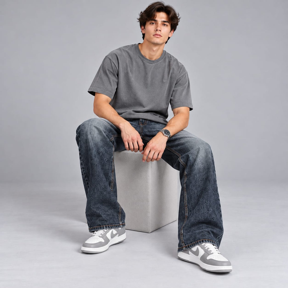 Wide leg spray wash jeans