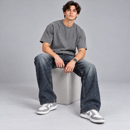 Wide leg spray wash jeans