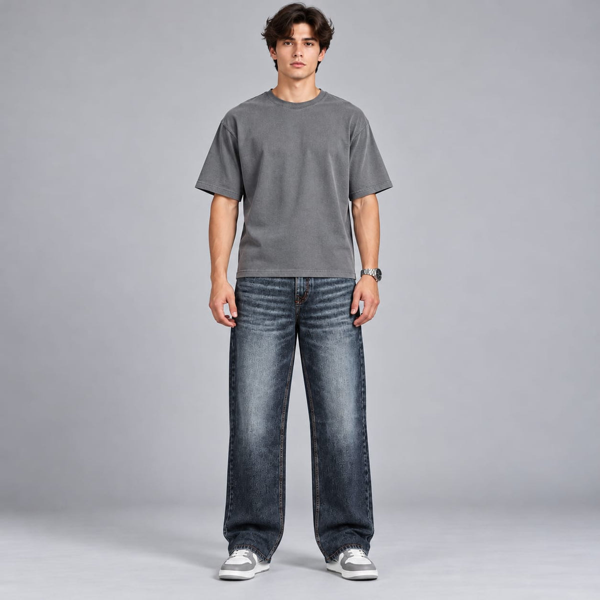 Wide leg spray wash jeans