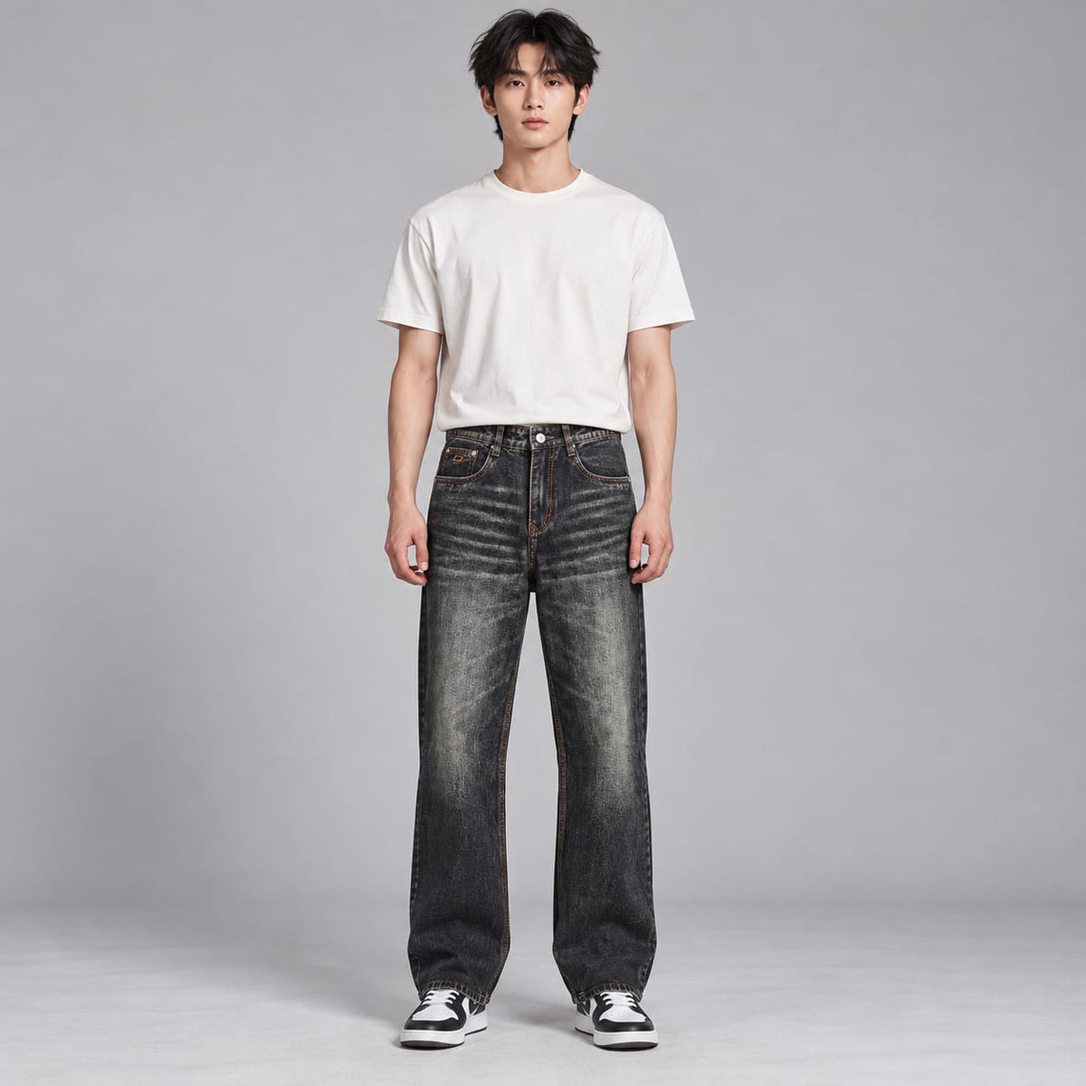 Wide leg spray wash jeans