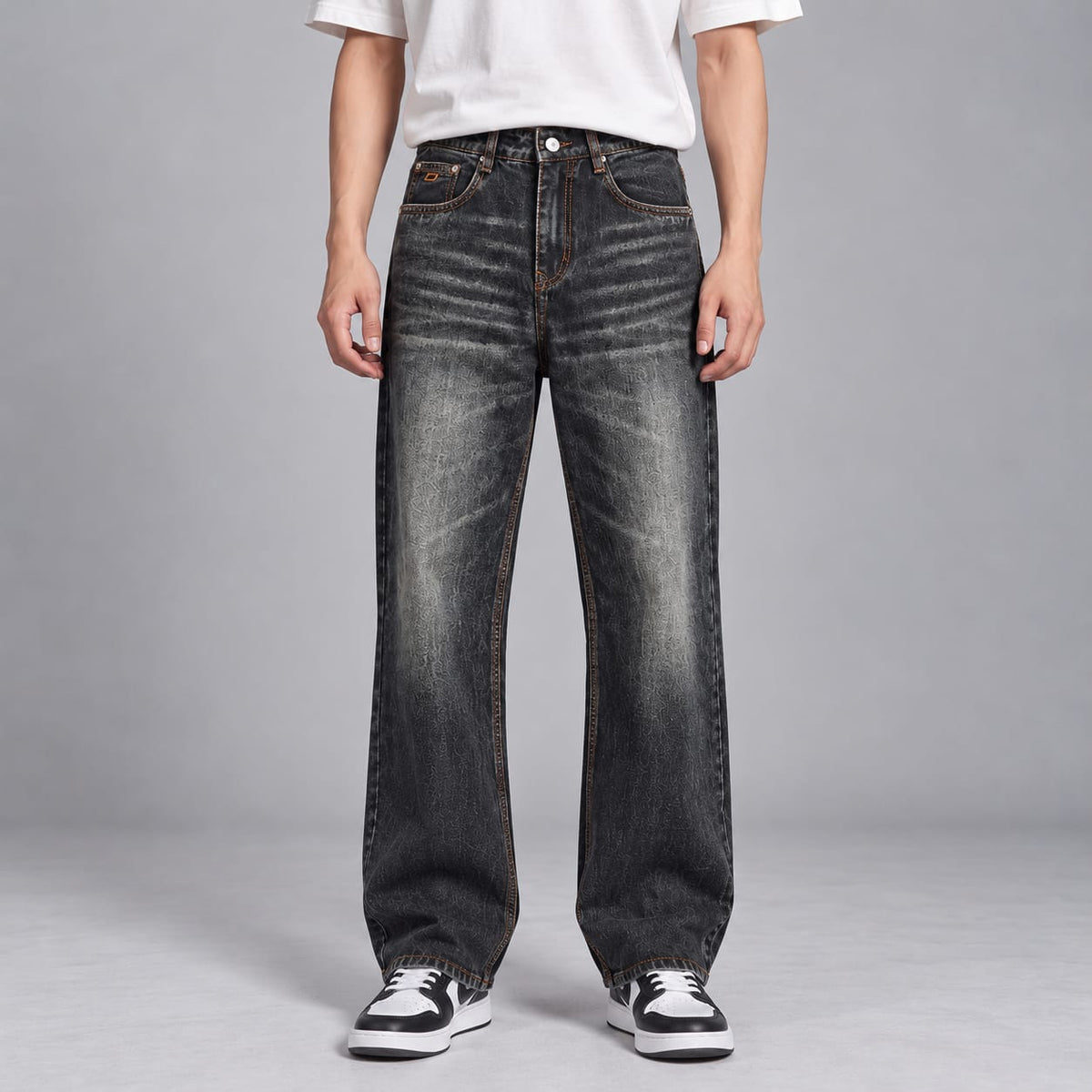 Wide leg spray wash jeans