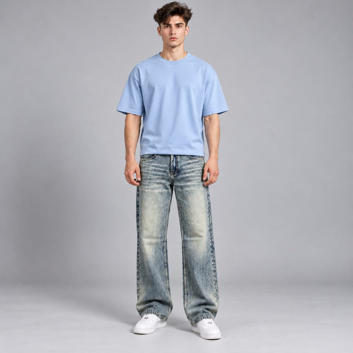Wide leg spray wash jeans