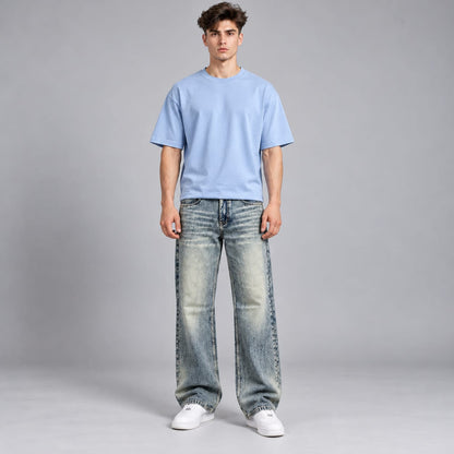 Wide leg spray wash jeans
