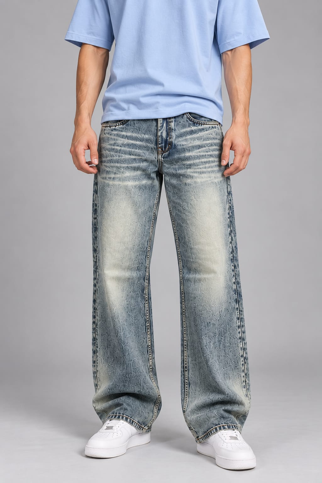 Wide leg spray wash jeans