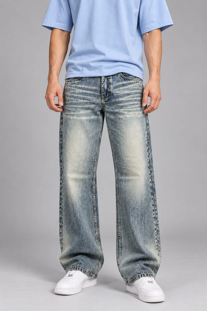 Wide leg spray wash jeans