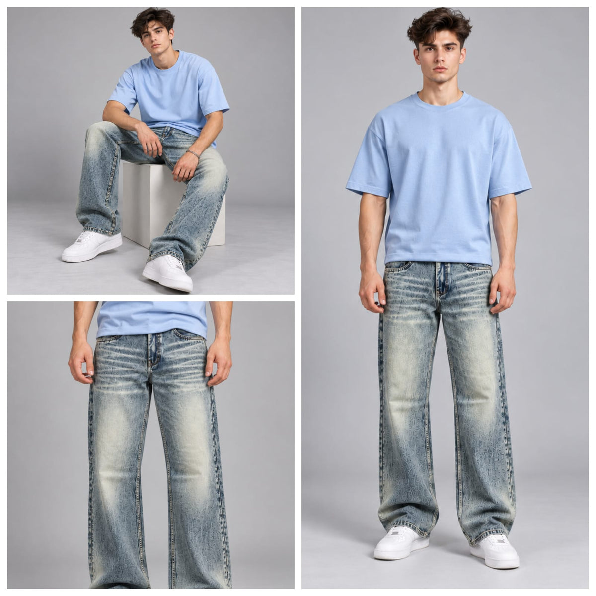 Wide leg spray wash jeans
