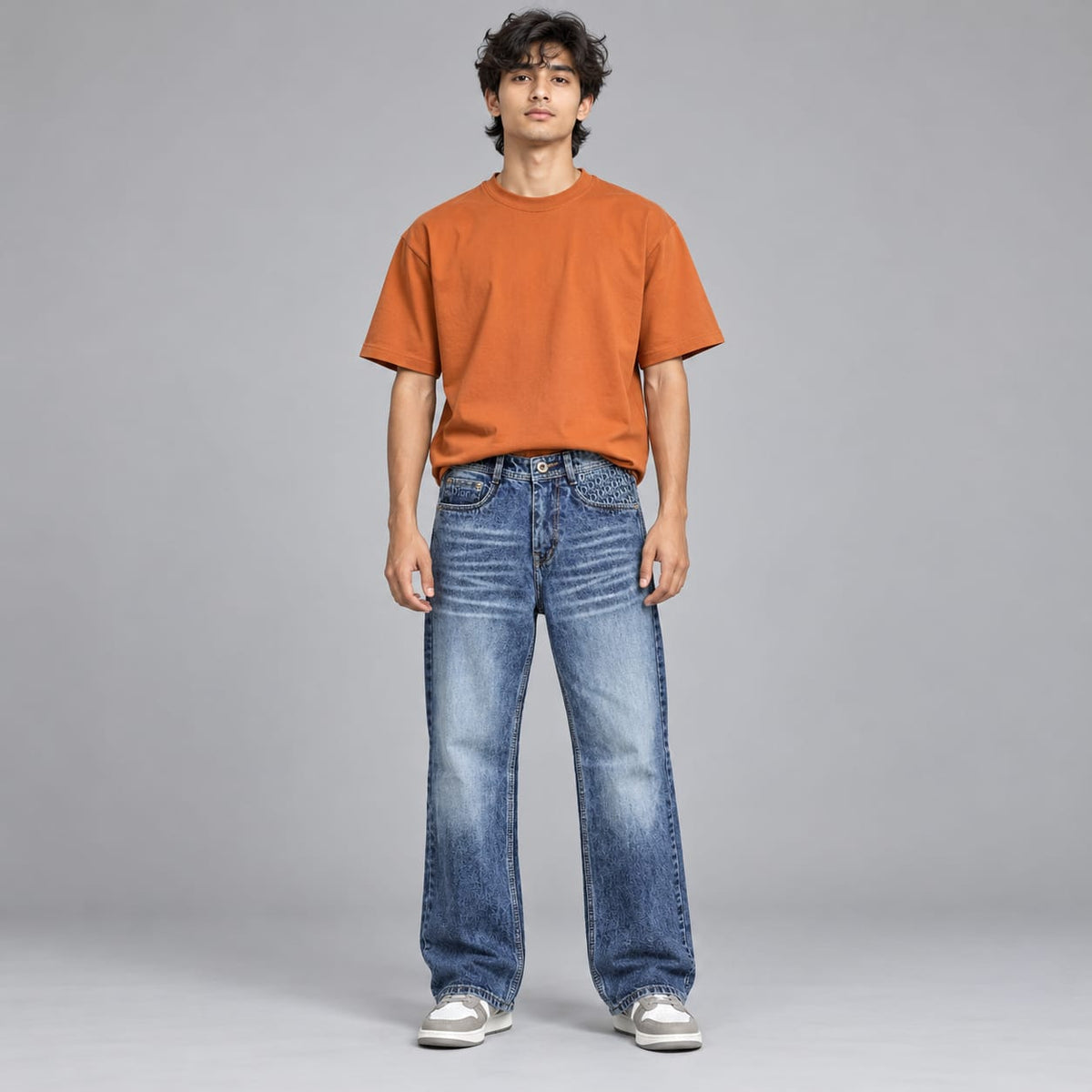 Wide leg spray wash jeans