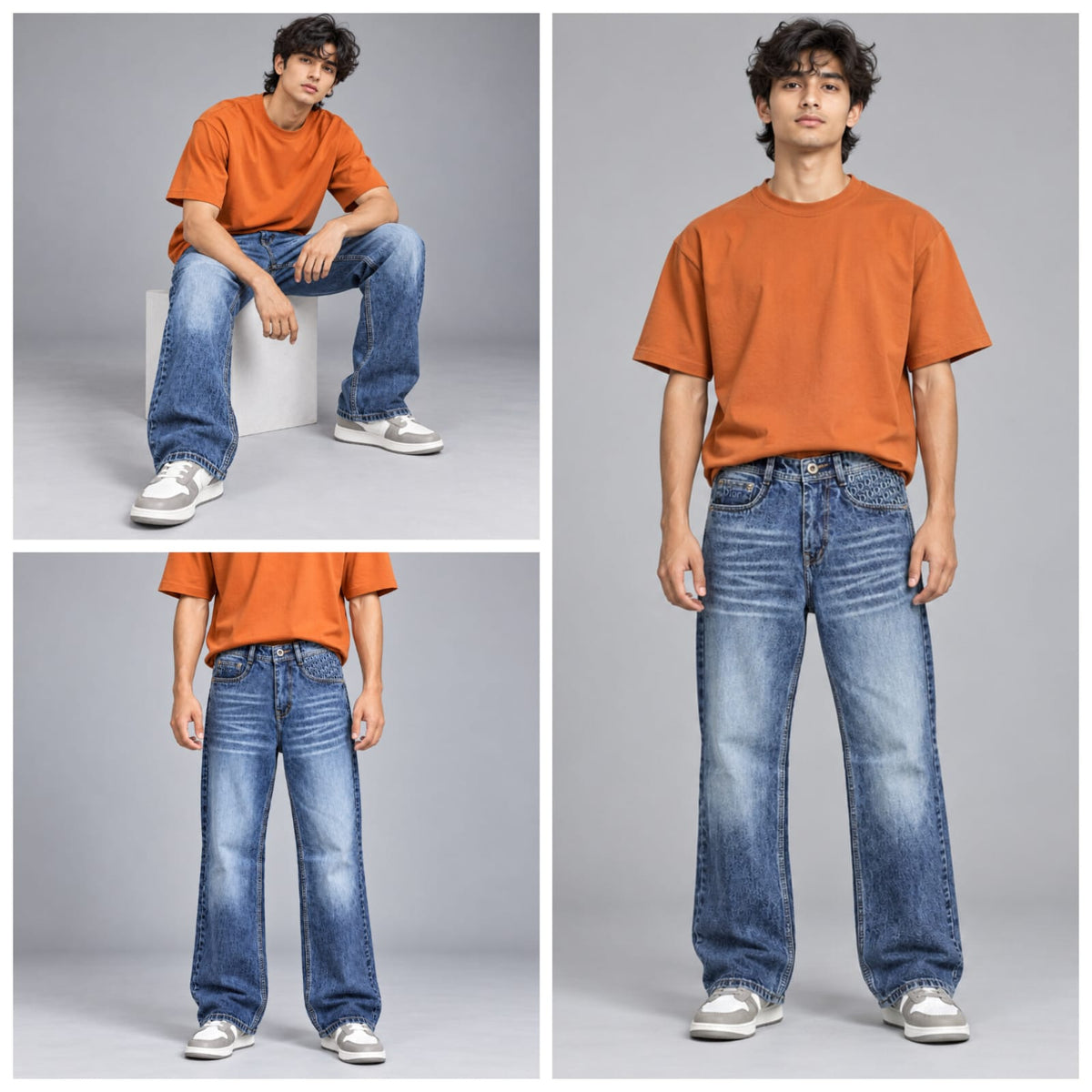 Wide leg spray wash jeans