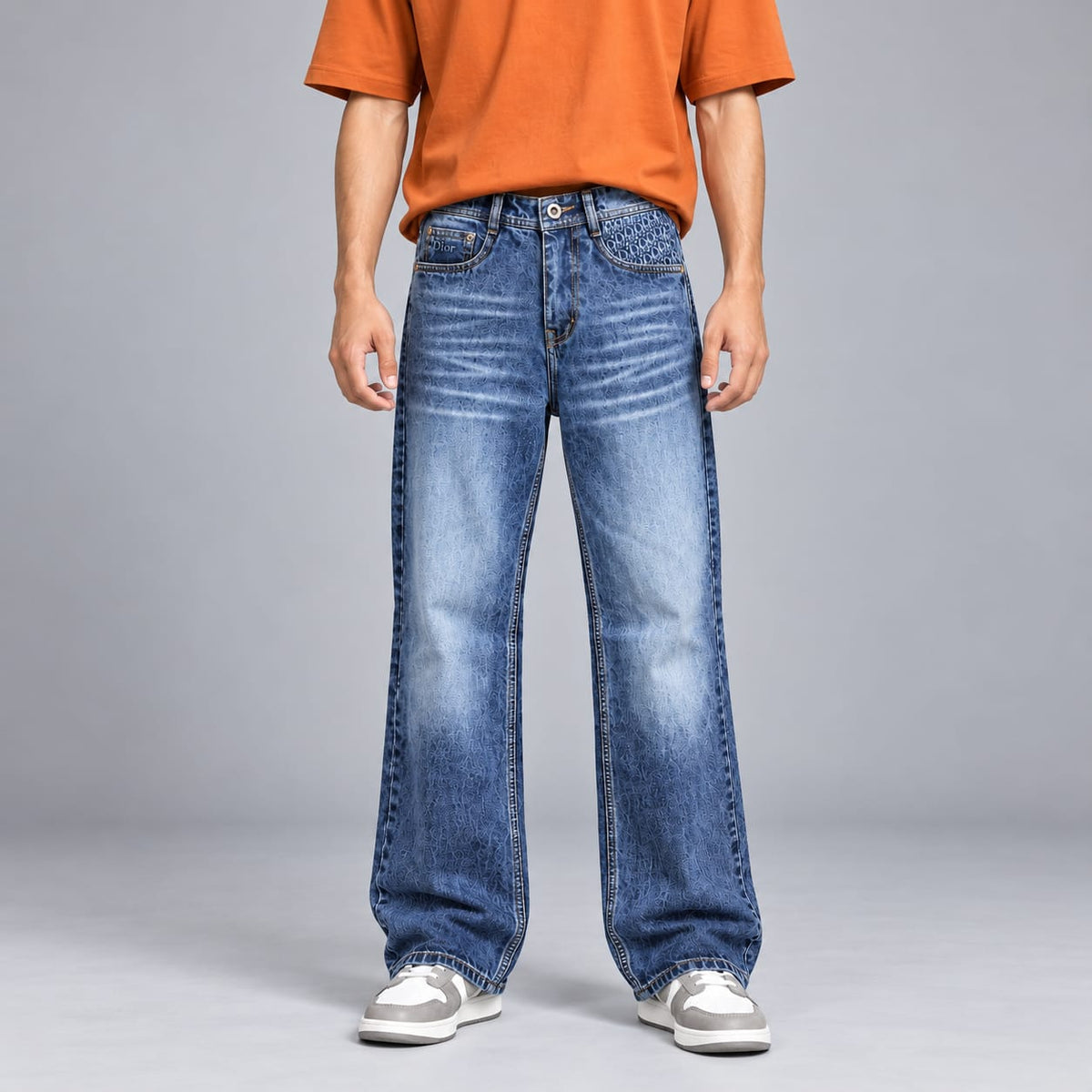Wide leg spray wash jeans