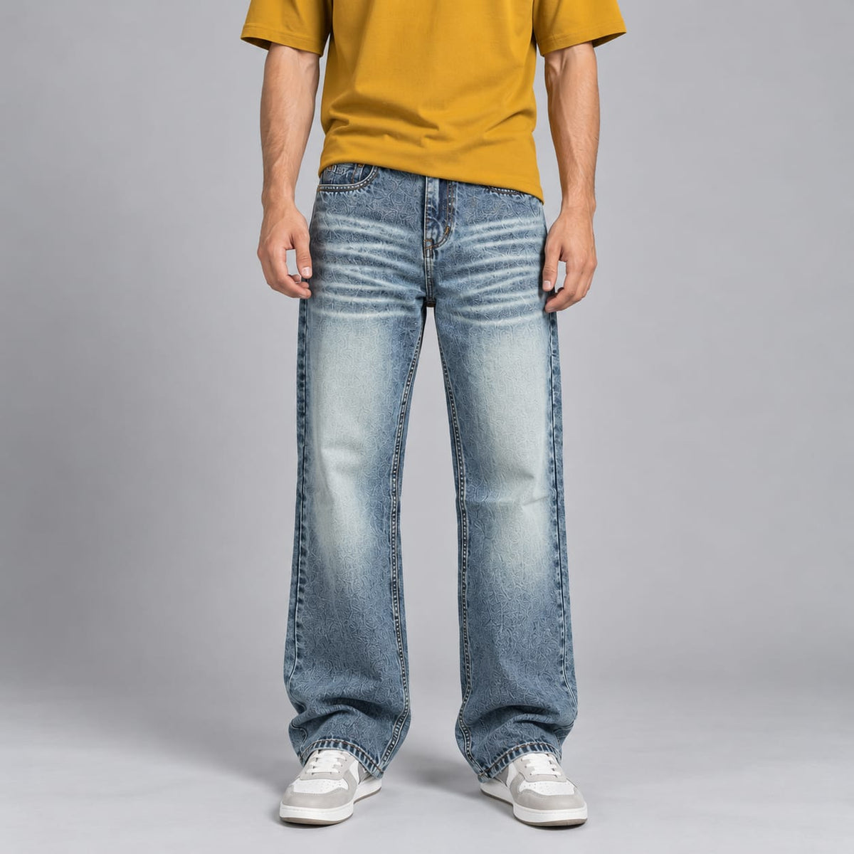 Wide leg spray wash jeans