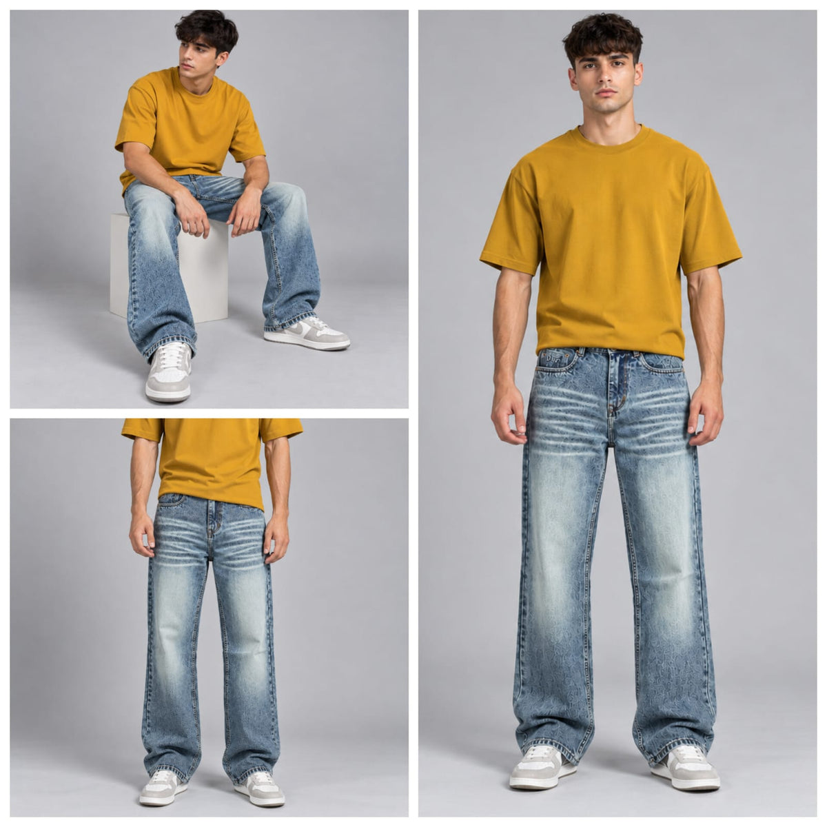 Wide leg spray wash jeans