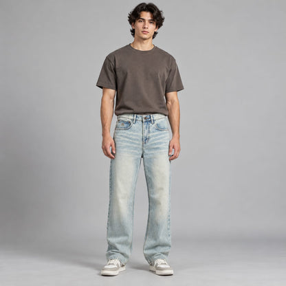 Wide leg spray wash jeans