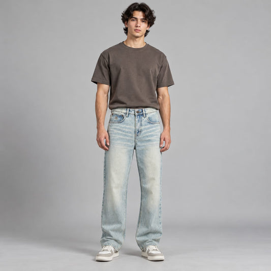 Wide leg spray wash jeans