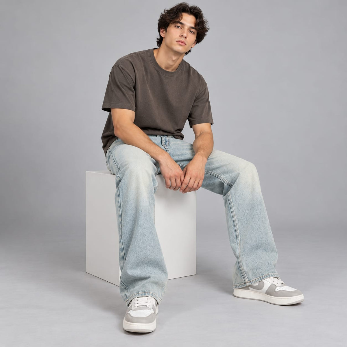 Wide leg spray wash jeans