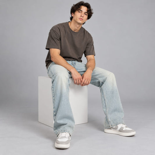 Wide leg spray wash jeans