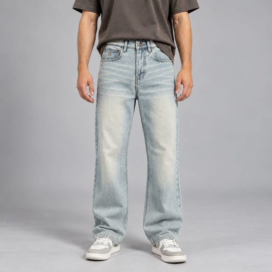 Wide leg spray wash jeans