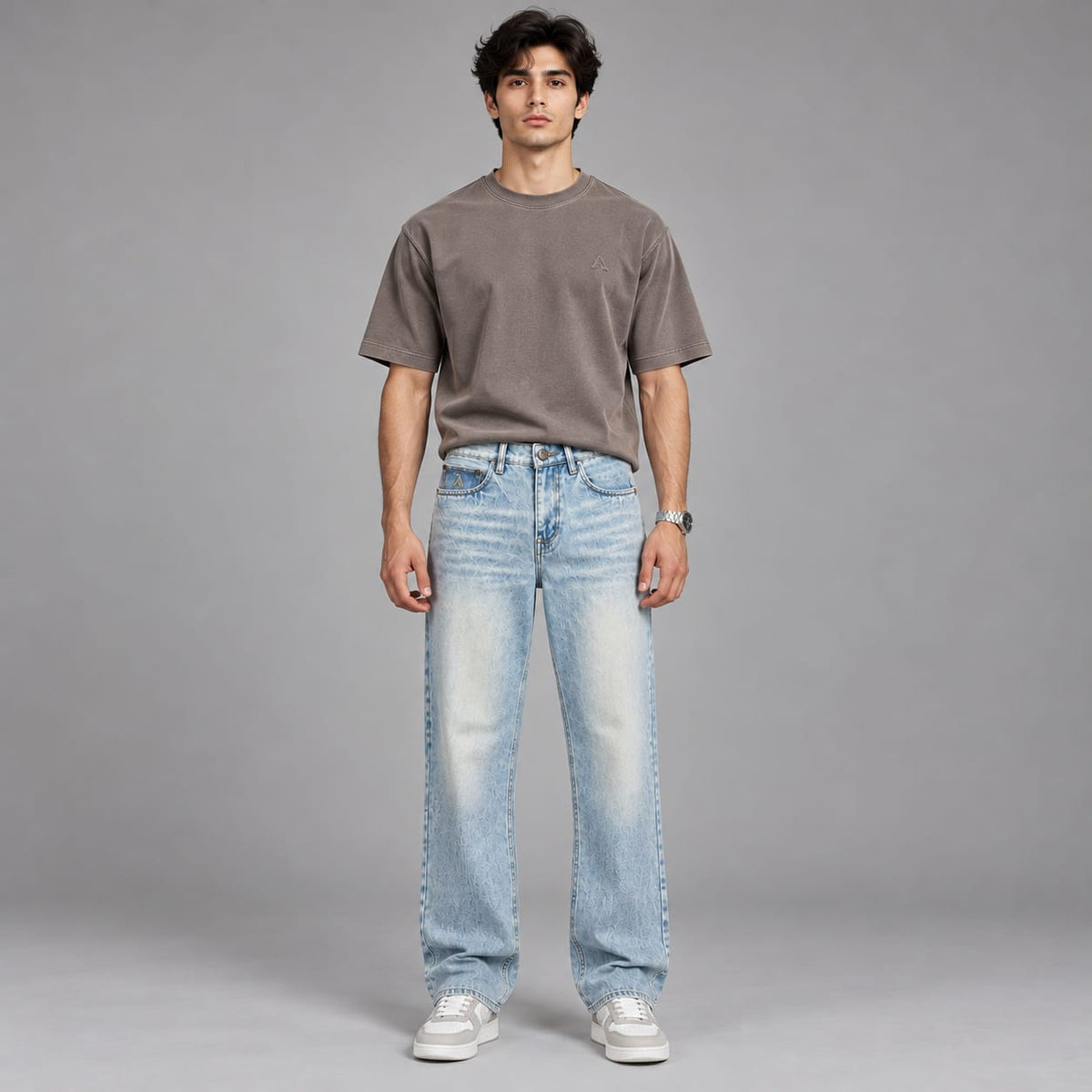 Wide leg spray wash jeans