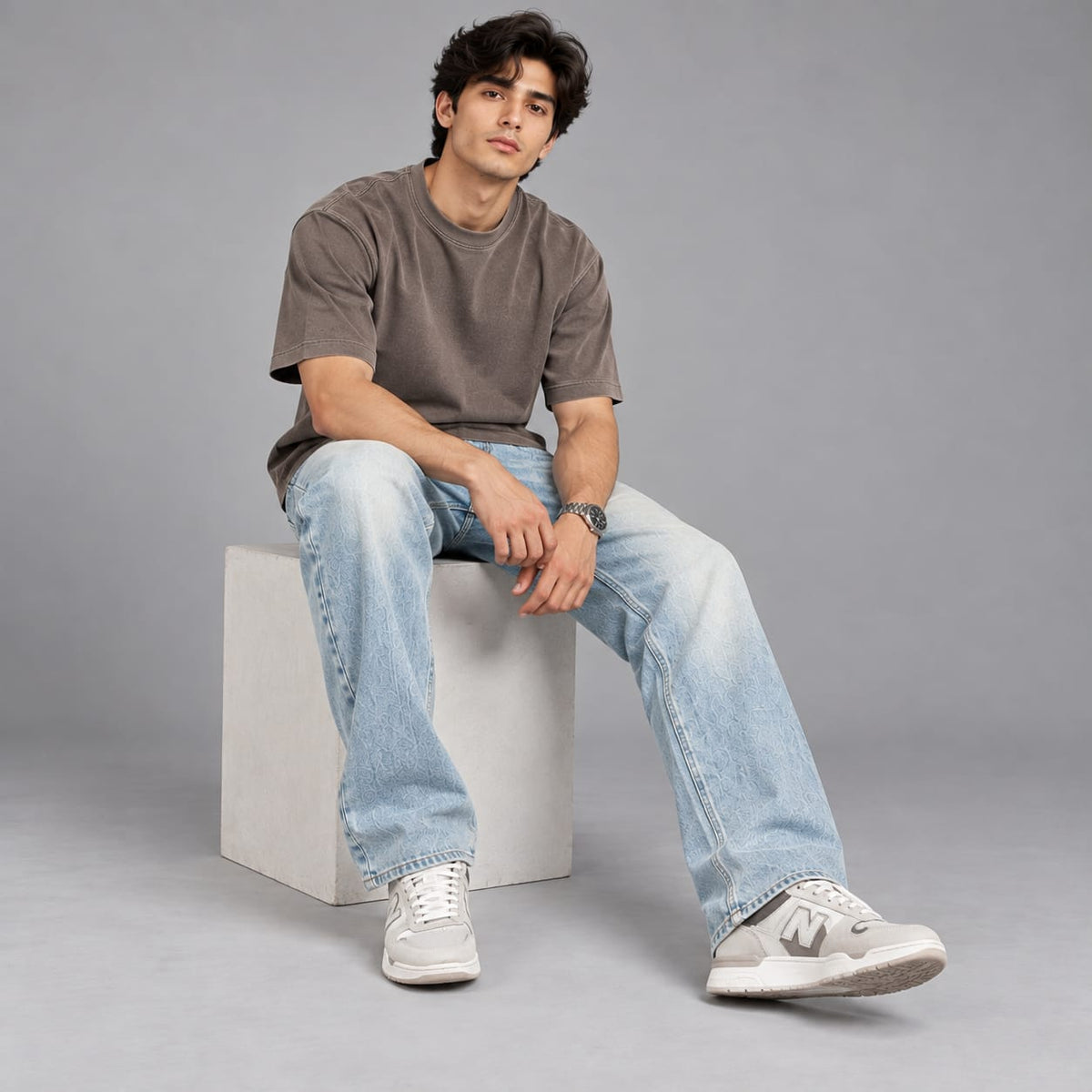 Wide leg spray wash jeans