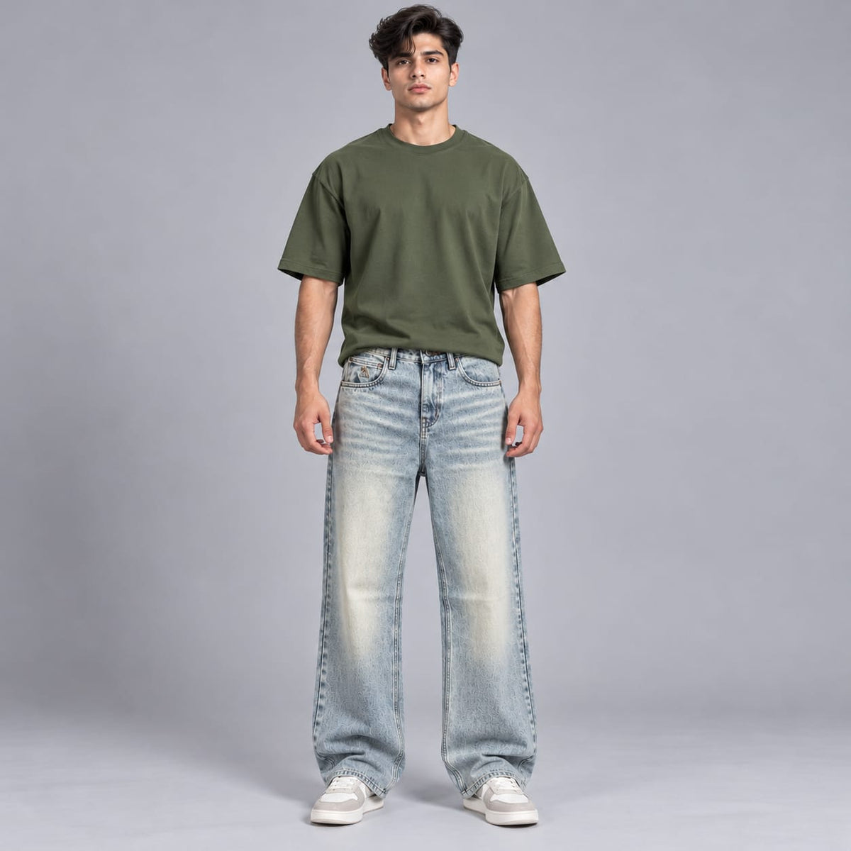 Wide leg spray wash jeans