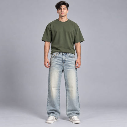 Wide leg spray wash jeans