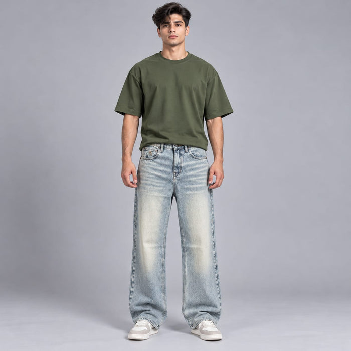 Wide leg spray wash jeans