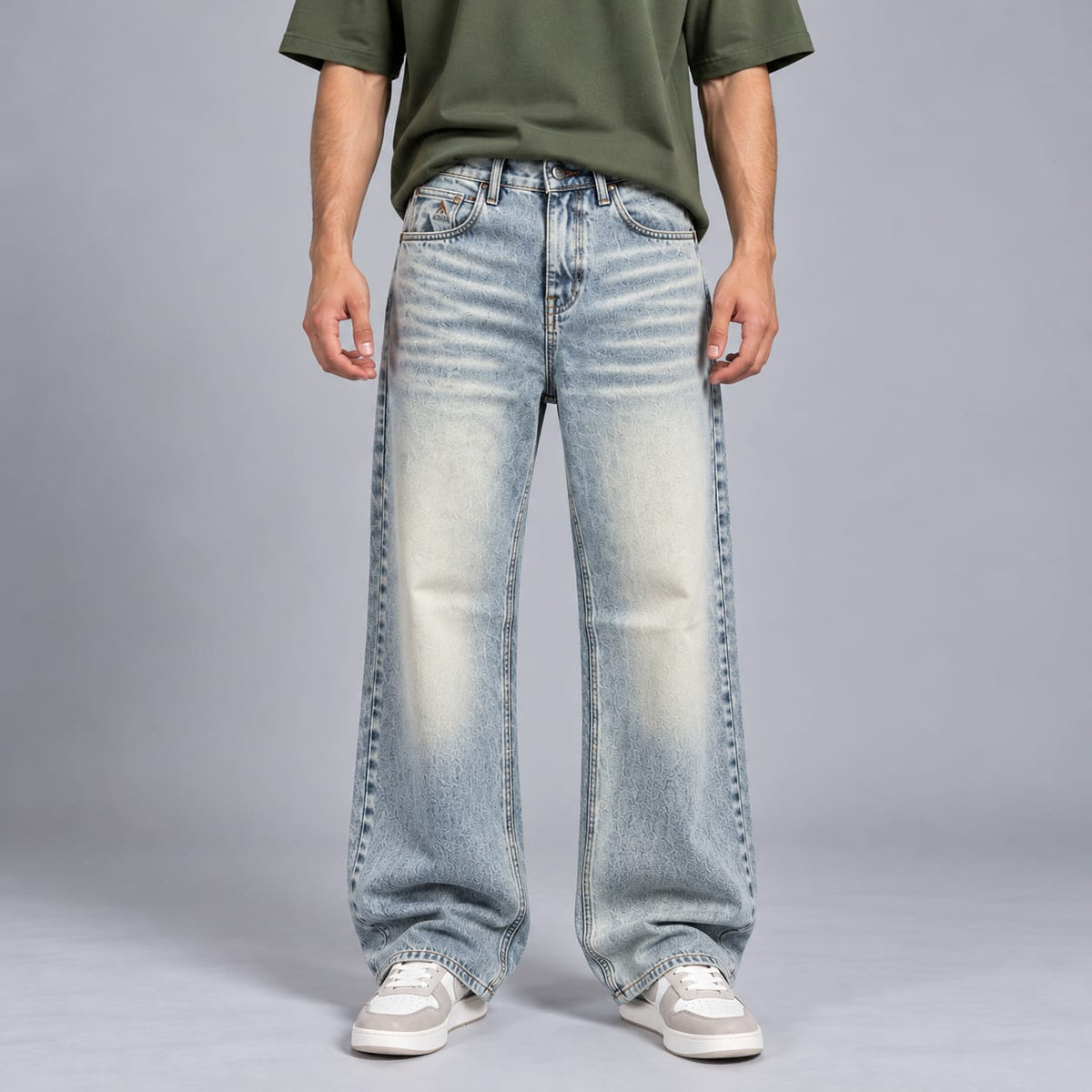 Wide leg spray wash jeans