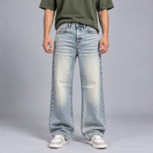 Wide leg spray wash jeans