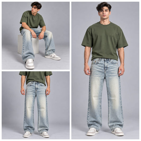 Wide leg spray wash jeans