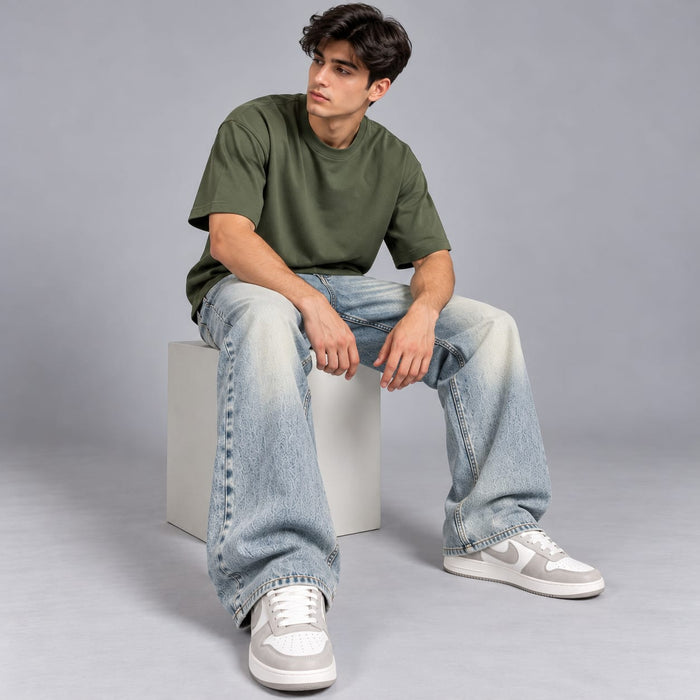 Wide leg spray wash jeans