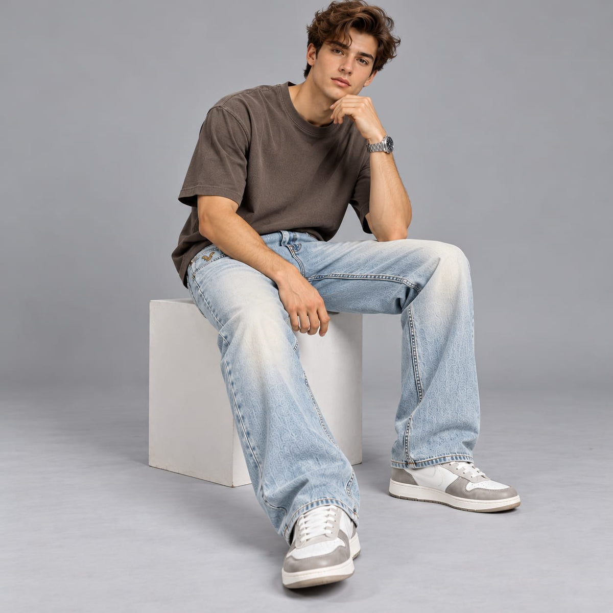 Wide leg spray wash jeans