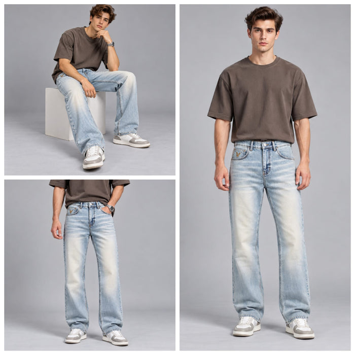 Wide leg spray wash jeans