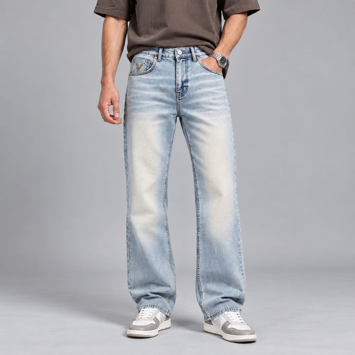 Wide leg spray wash jeans
