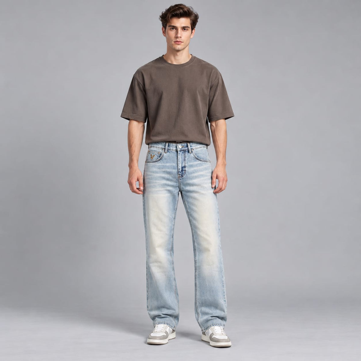 Wide leg spray wash jeans