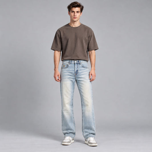 Wide leg spray wash jeans