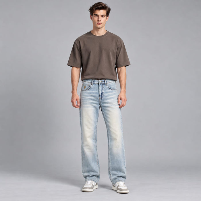 Wide leg spray wash jeans