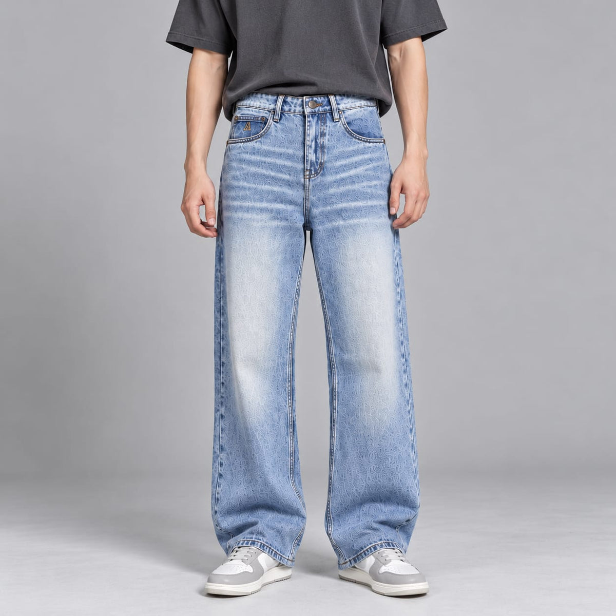 Wide leg spray wash jeans