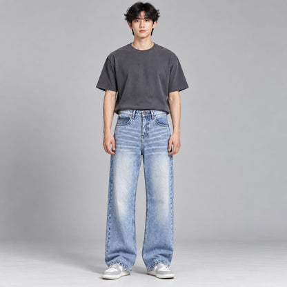 Wide leg spray wash jeans
