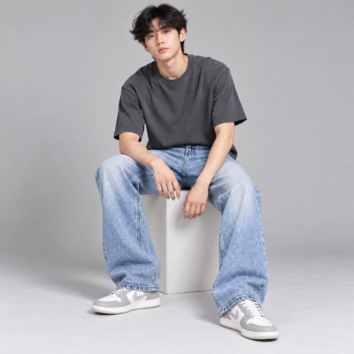 Wide leg spray wash jeans